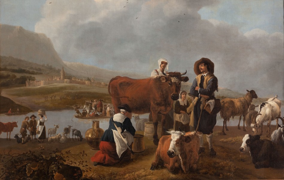 Jan Baptist Wolfaerts - Italian landscape with farmers and cattle and a river with a ferry in the background