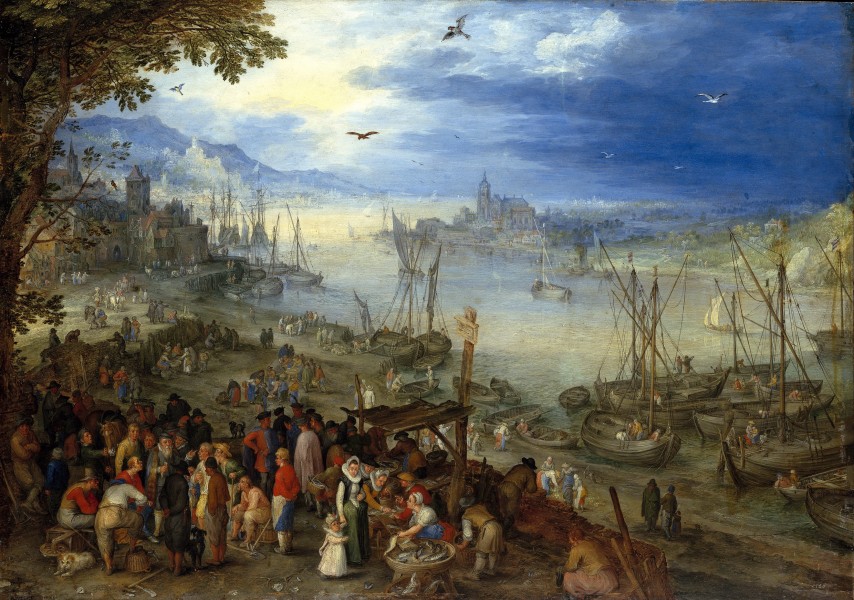 Jan Brueghel (I) - Fish market on the banks of a river