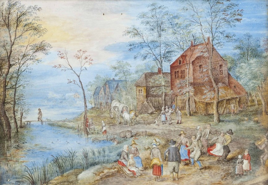 Jan Brueghel de Oude (Navolger) - Een dorp aan de rivier met dansende boeren