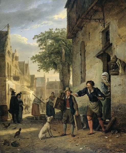 Jan Steen stuurt zijn zoon de straat op om schilderijen te ruilen voor bier en wijn Rijksmuseum SK-A-1123