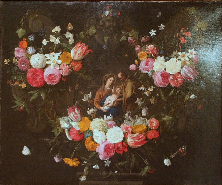 Jan van Kessel (I) - Guirlande de fleurs avec la sainte Famille