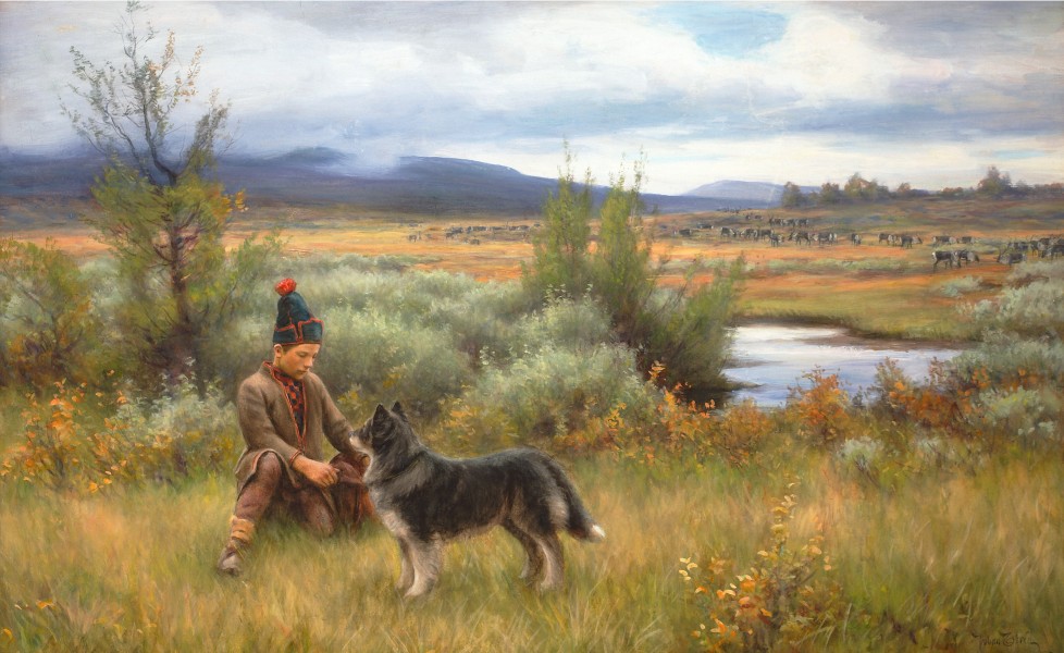 Johan Tirén-Samepojke leker med sin hund