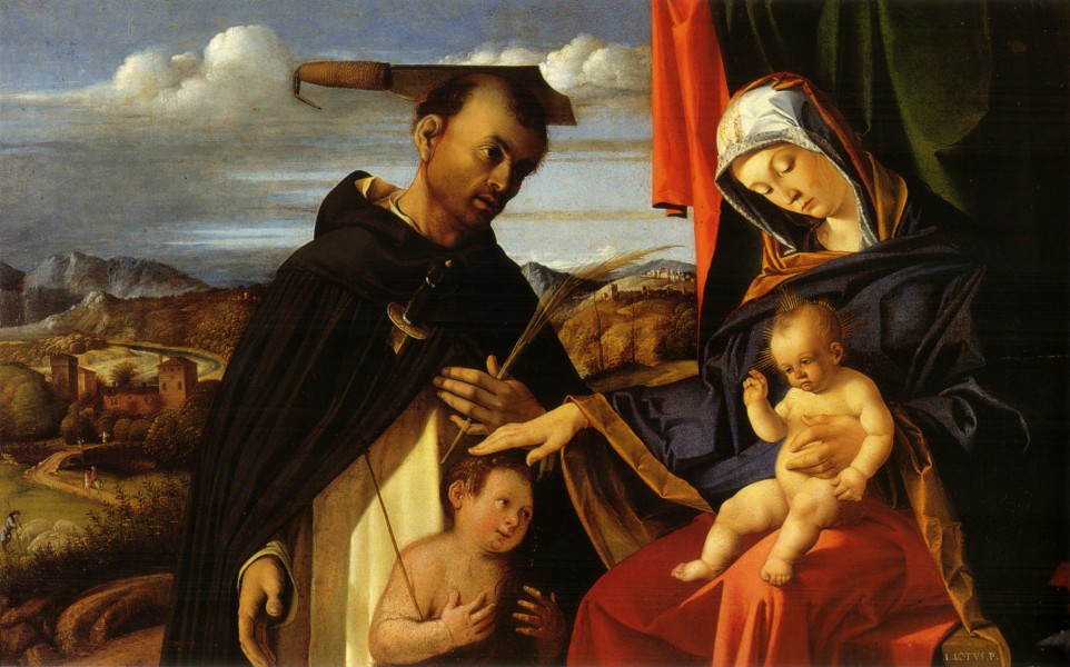 Lotto, Madonna col Bambino, san Pietro martire e un donatore