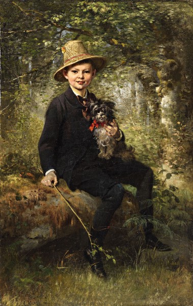 Ludwig Knaus - Bildnis eines Knaben mit Hund im Wald (1861)