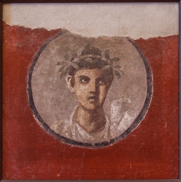 MANNapoli 120620 a Fresco young man with rolls from Pompeii Italy