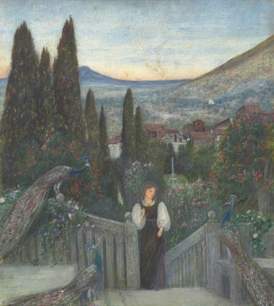 Marie Spartali Stillman - A lady with peacocks in a garden, an Italianate landscape beyond