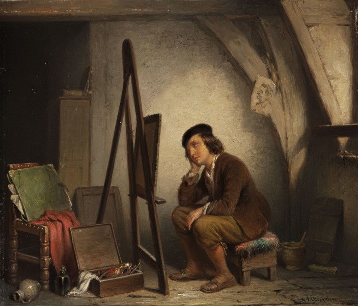 Napoleon François Ghesquiere Der vor seiner Staffelei sinnende Maler
