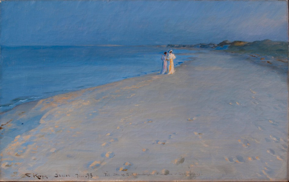 Peder Severin Krøyer - Summer evening at the South Beach, Skagen. Anna Acher and Marie Krøyer - Google Art Project