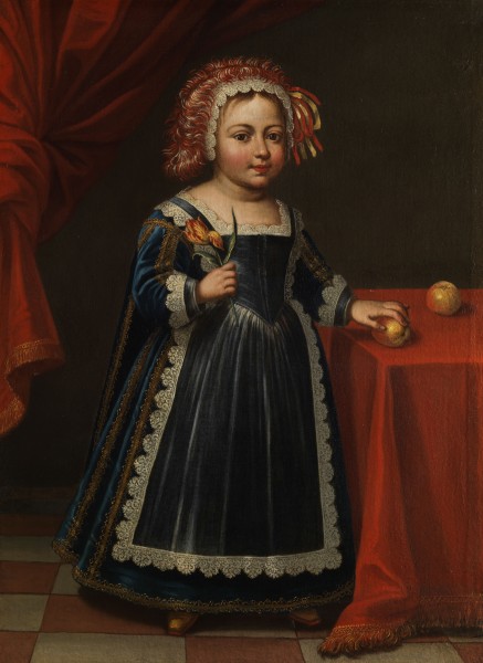 Portrait eines Kinds mit Tulpe und Apfel