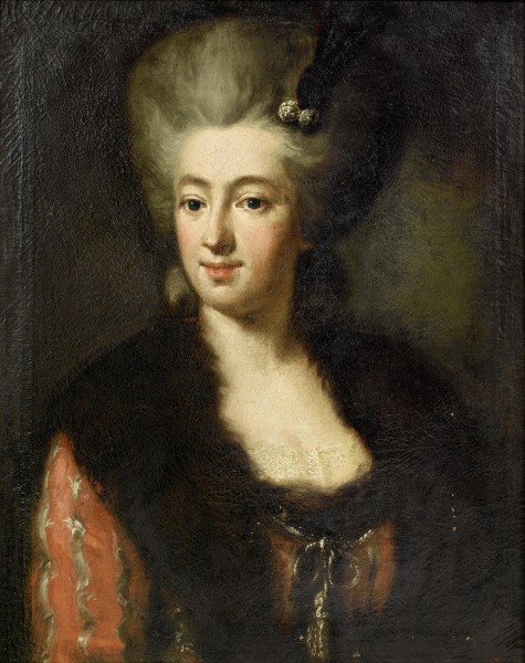 Portrait of a lady in a red dress with a fur-trimmed wrap 18c