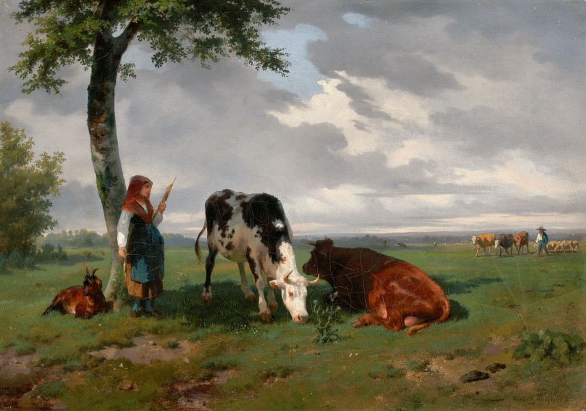 Rosa Bonheur - Une bergère avec une chèvre et deux vaches dans un pré