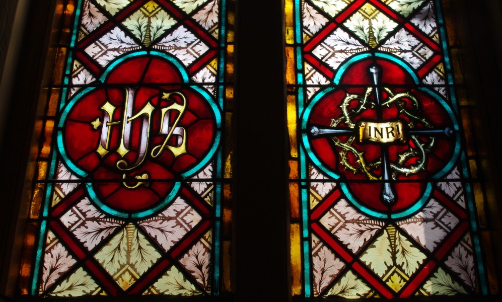 Saint Francis Catholic Church (Columbus, Ohio) - stained glass, Holy Monogram & relics of the Crucifixion