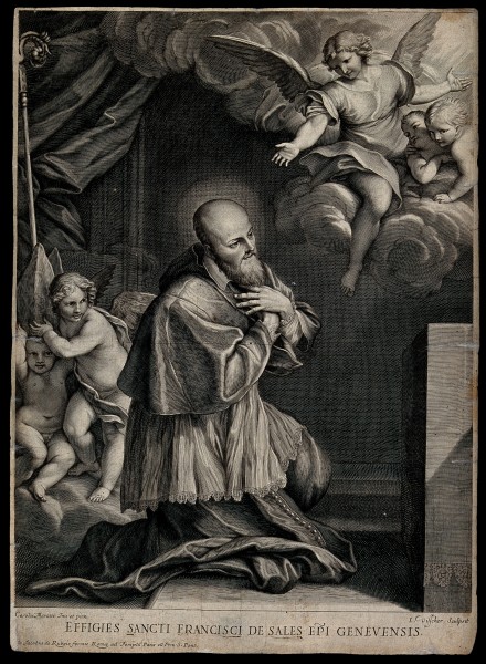 Saint Francis of Sales kneeling; angels and cupids emerging Wellcome V0032007