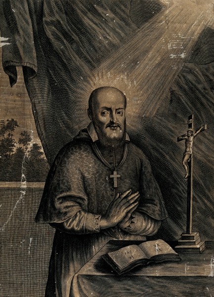 Saint Francis of Sales praying behind an altar. Etching, Wellcome V0032006