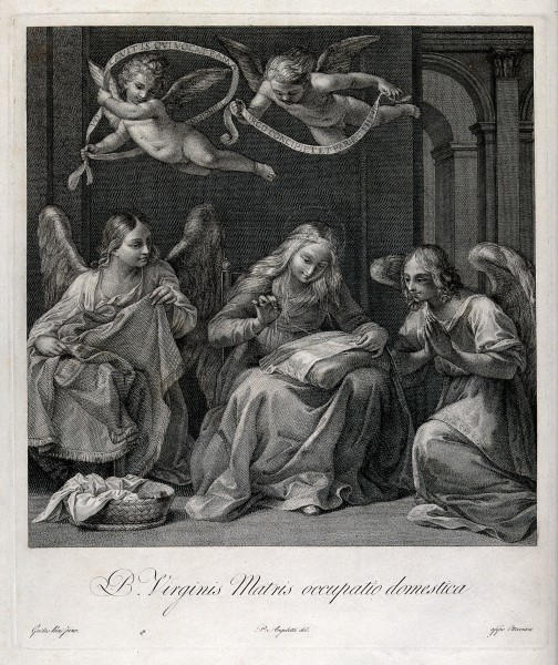 Saint Mary (the Blessed Virgin) with angels. Engraving by G. Wellcome V0034073