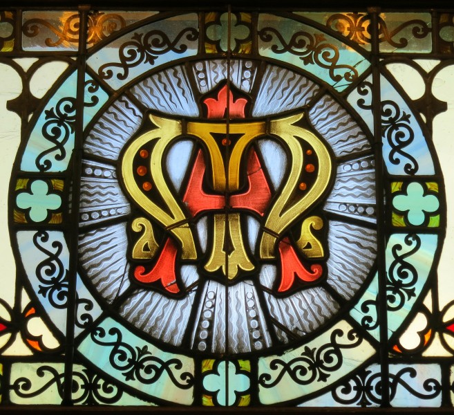 Saint Mary Catholic Church (Dayton, Ohio) - stained glass, Marian monogram