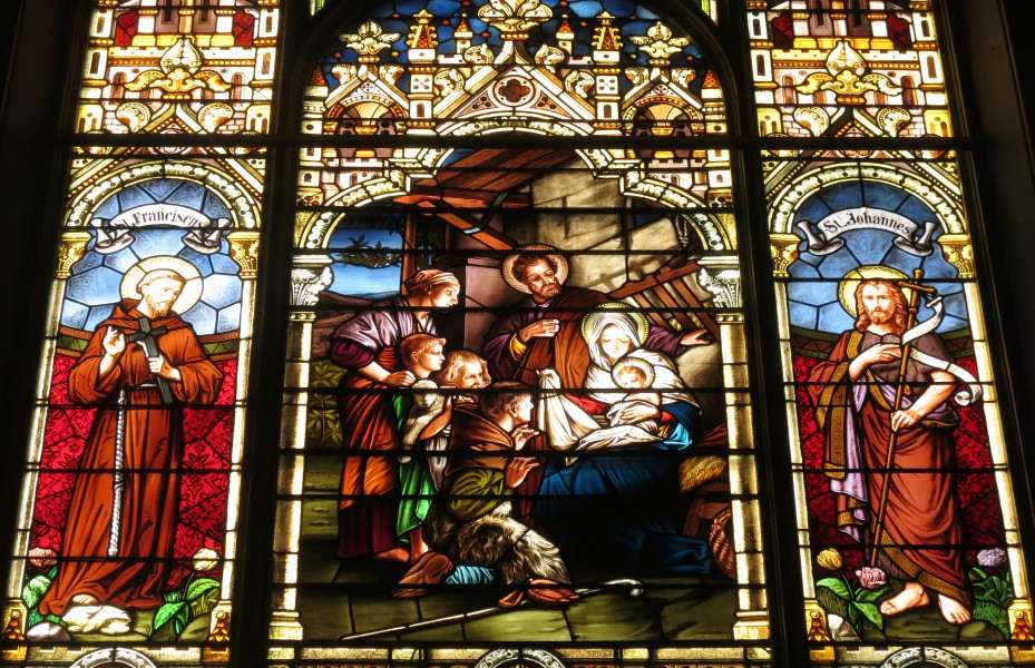 Saint Mary Catholic Church (Dayton, Ohio) - stained glass, Nativity with St. Francis & St. John the Baptist