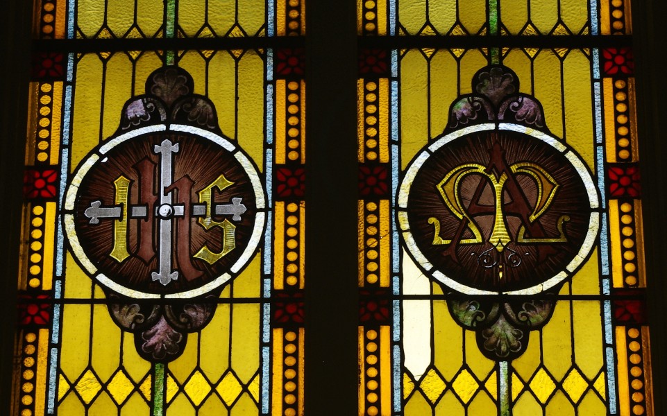 Saint Mary Catholic Church (Philothea, Ohio) - stained glass, Holy Name and Marian monogram