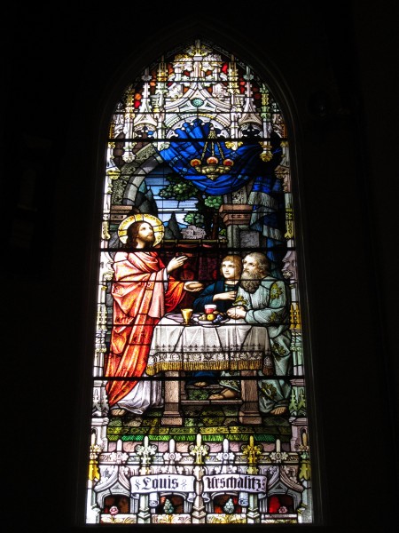 Saint Michael the Archangel Parish downtown church (Findlay, Ohio), interior, stained glass, The Risen Christ breaking bread along the road to Emmaus