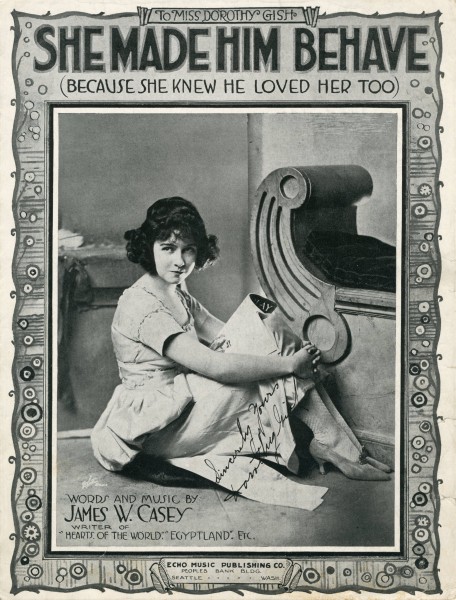 Sheet music cover - SHE MADE HIM BEHAVE - BECAUSE SHE KNEW HE LOVED HER TOO (1920)