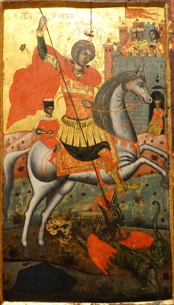 St. George and the Dragon, School of Epirus, Greek, c. 1750, gold leaf and tempera on wood - Krannert Art Museum, UIUC - DSC06343
