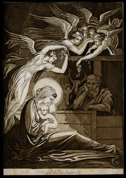 The birth of Christ; female angels swoon through the air; Jo Wellcome V0034607
