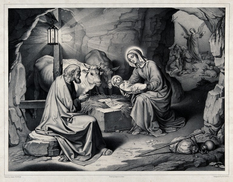 The birth of Christ; outside the crumbling cave, an angel an Wellcome V0034608