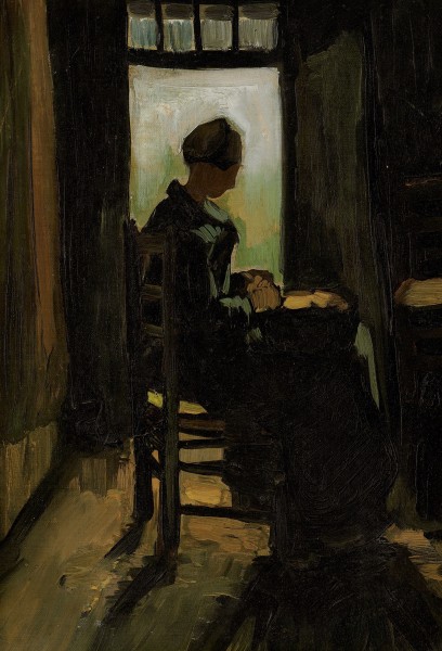 Vincent van Gogh - Peasant woman seated before an open door, peeling potatoes (1885)