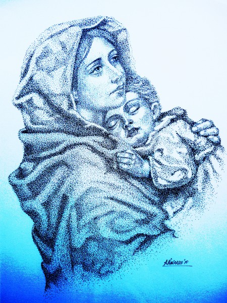 Virgen y Niño. Dibujo a tinta.