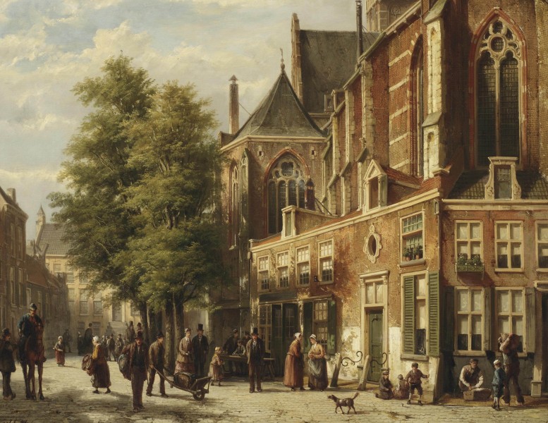 Willem Koekkoek - Numerous figures in a sunlit street near a church