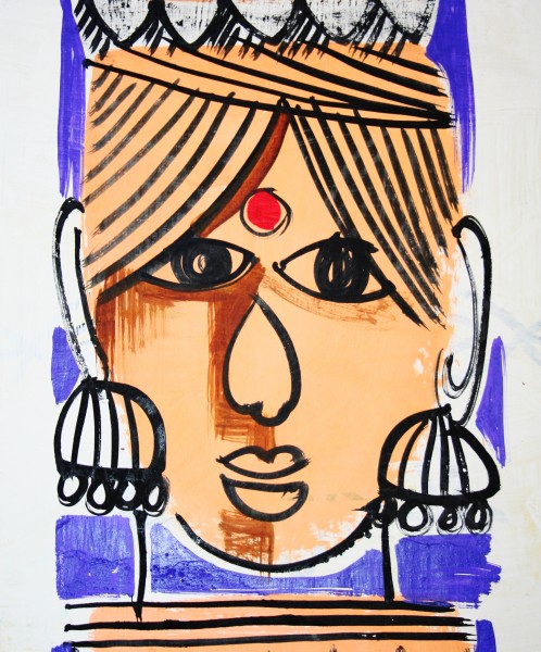 Woman's head with ear rings. Traditional wall painting by villagers, near Katni, M.P., India