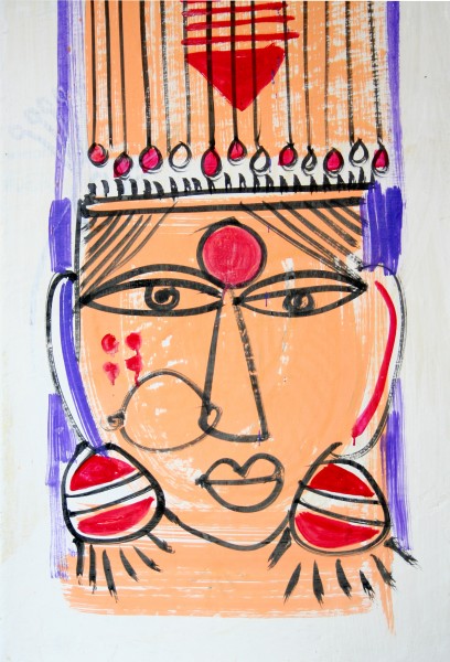 Woman's head with ear rings, 2. Traditional wall painting by villagers, near Katni, M.P., India