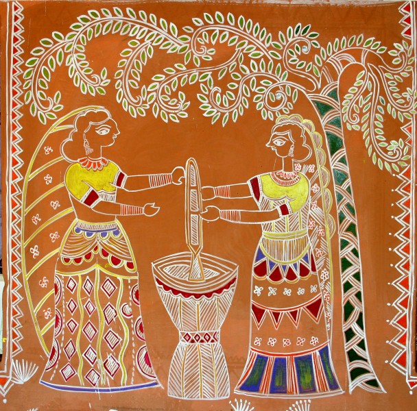 Women pounding grain, traditional wall painting by villagers, near Katni, M.P., India