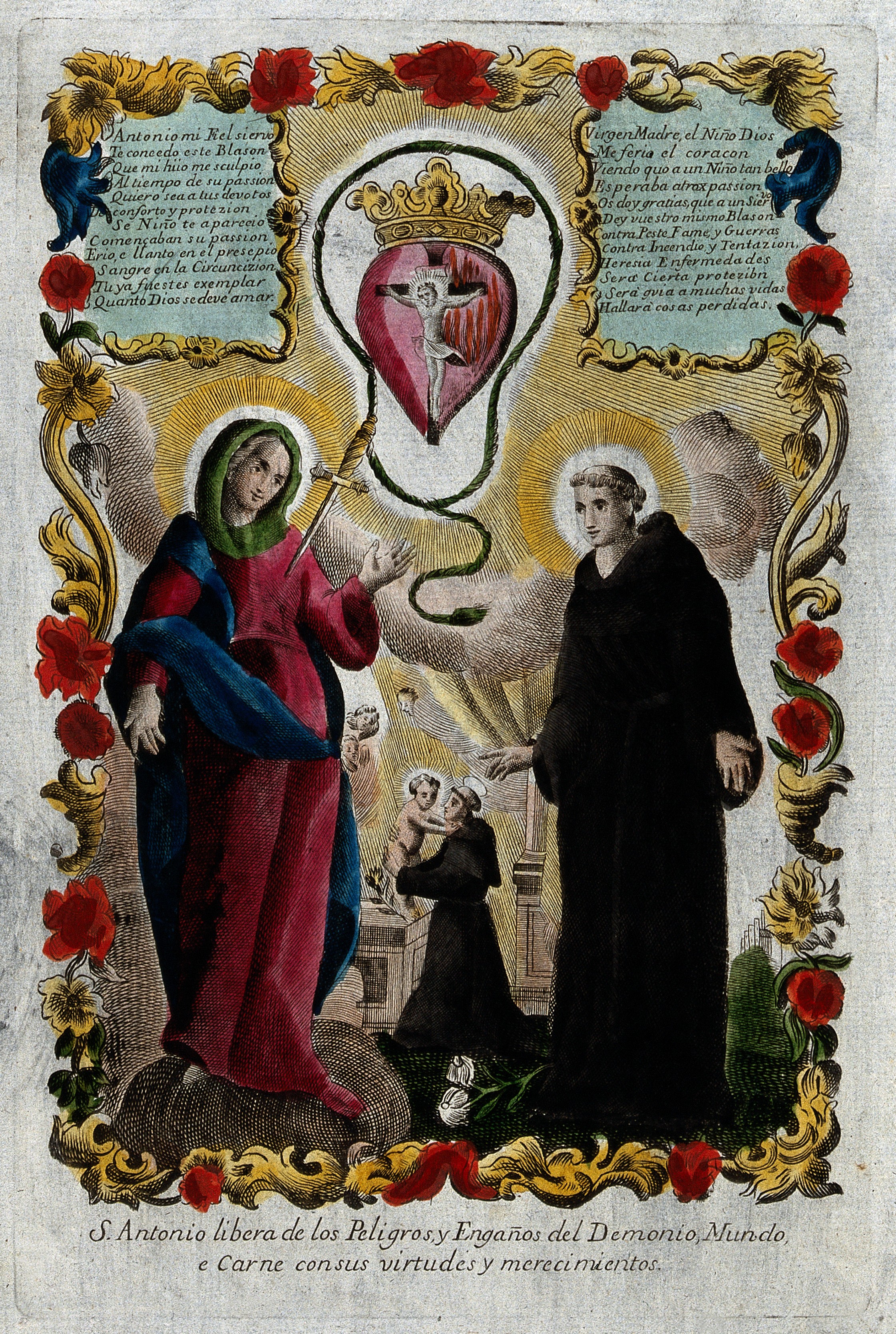 Saint Antony of Padua. Coloured engraving. Wellcome V0031605
