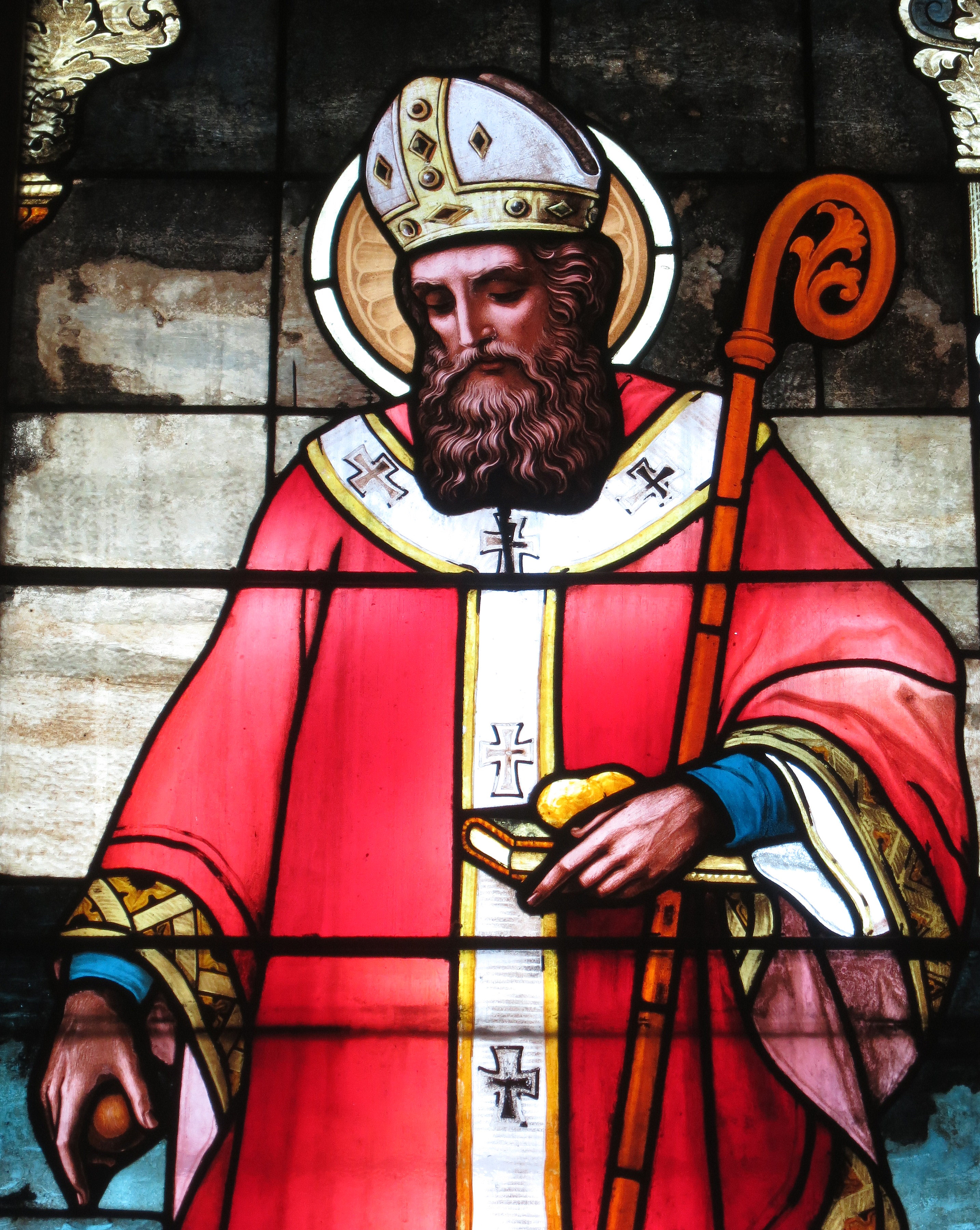 Saint Nicholas Catholic Church (Zanesville, Ohio) - stained glass, St. Nicholas - detail, closeup