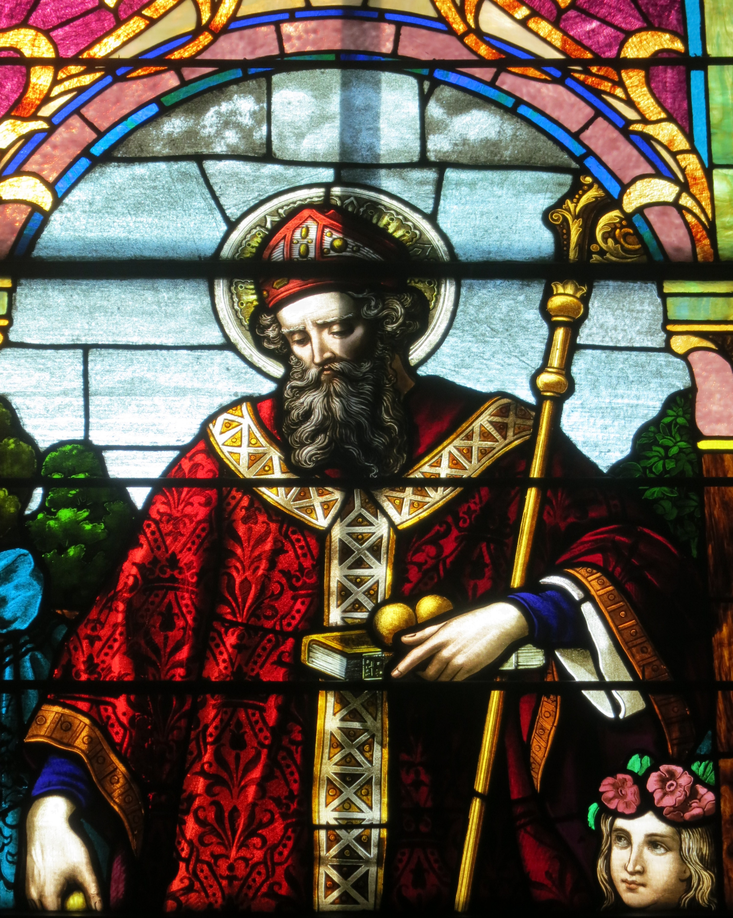 Saint Nicholas Church (Osgood, Ohio) - stained glass, Saint Nicholas - detail