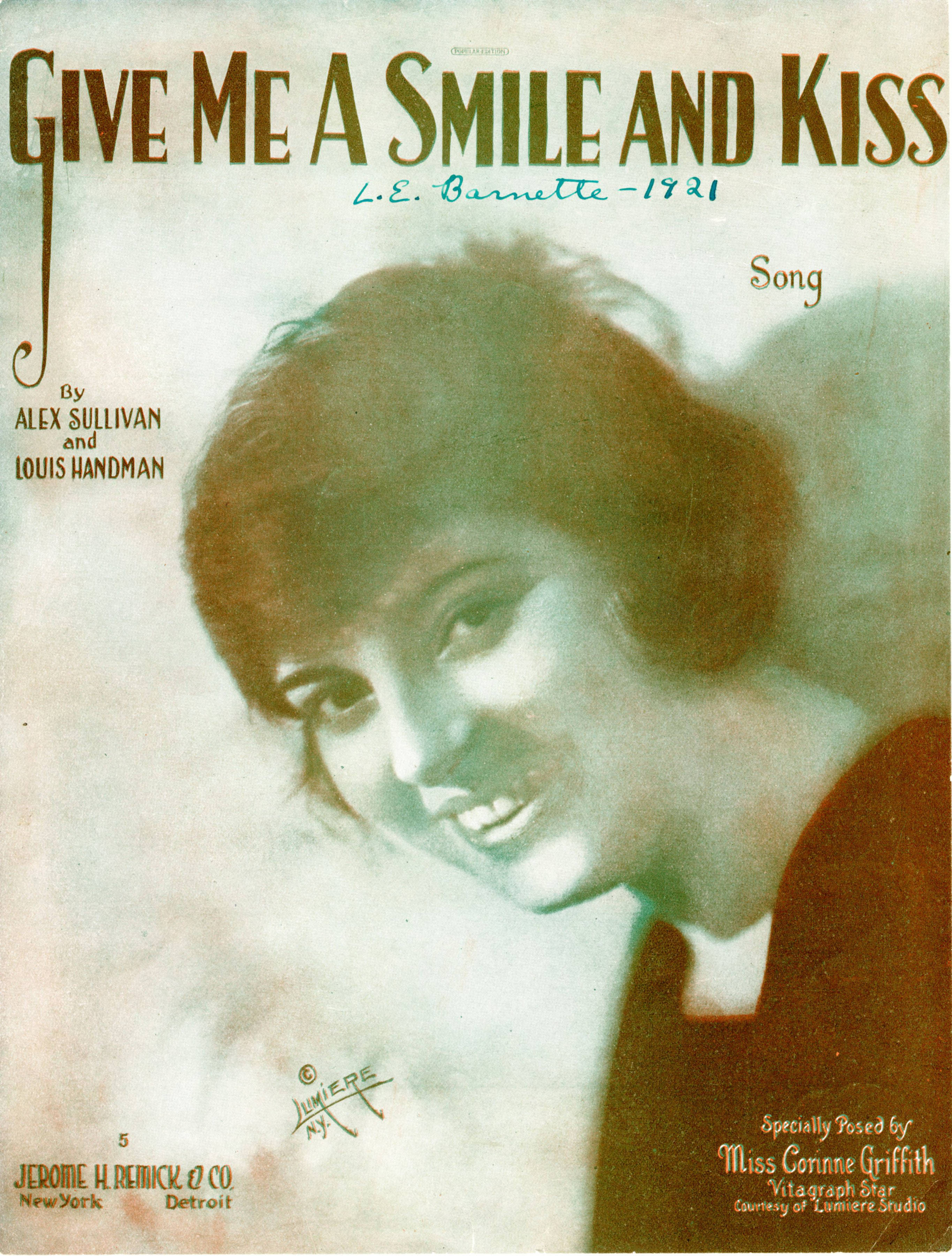 Sheet music cover - GIVE ME A SMILE AND A KISS - SONG (1919)