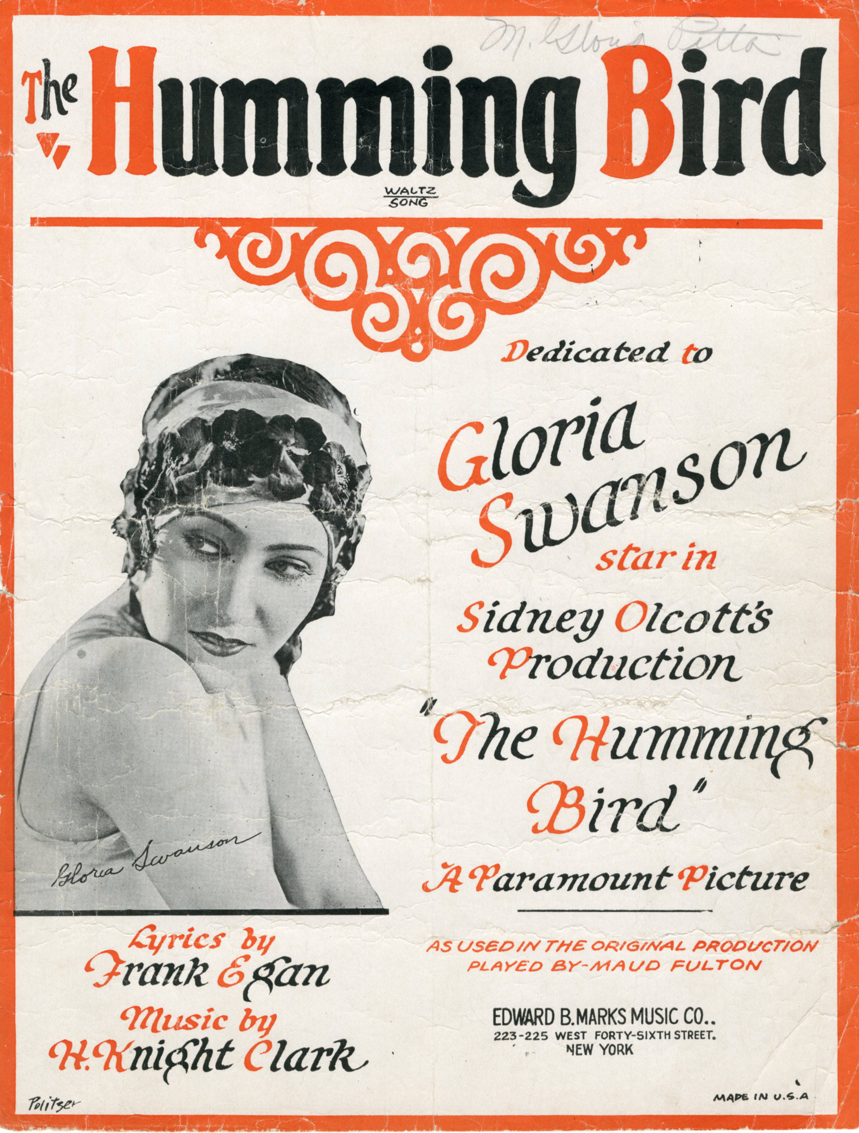Sheet music cover - HUMMING BIRD - WALTZ SONG (1924)