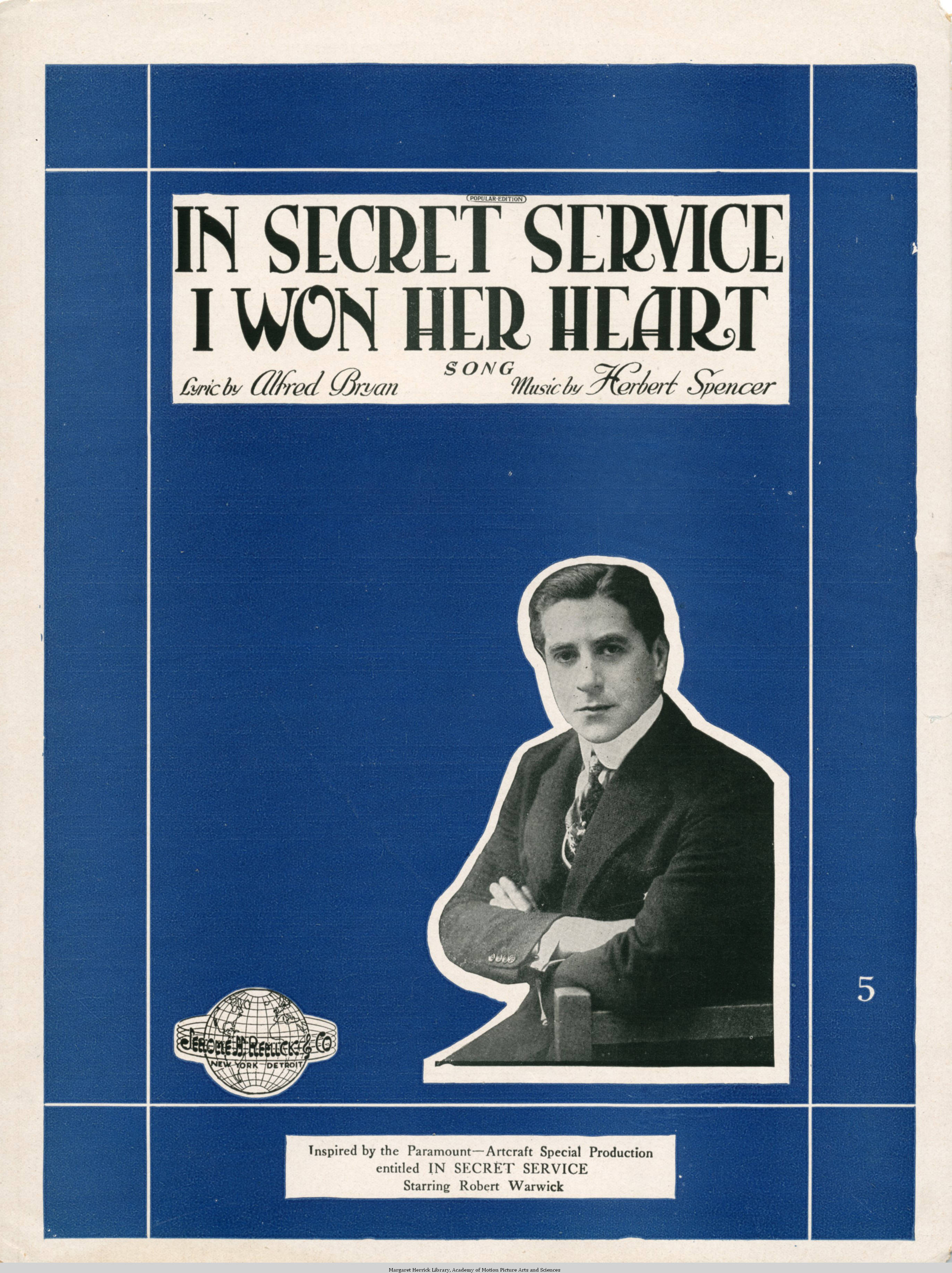 Sheet music cover - IN SECRET SERVICE I WON HER HEART - SONG (1919)