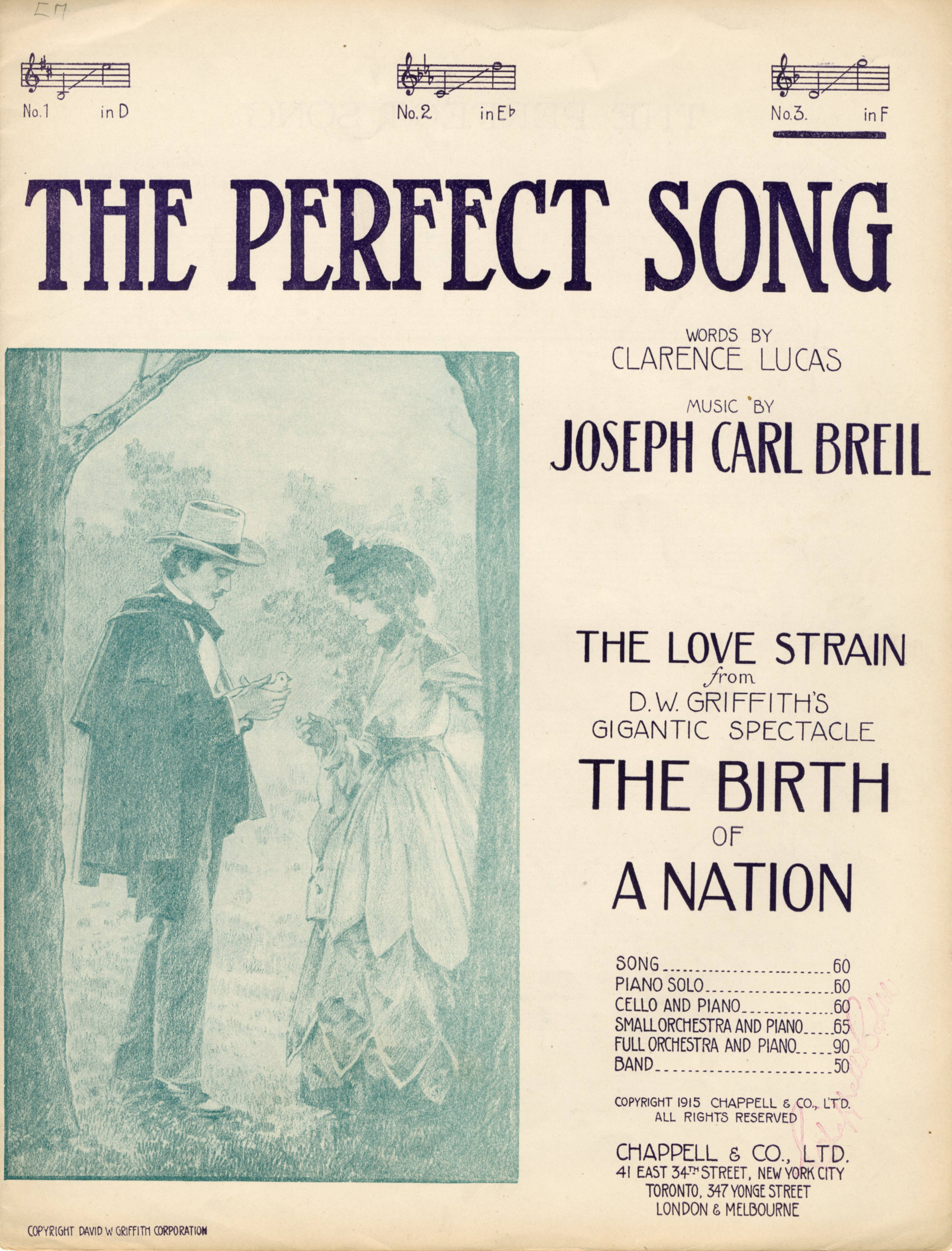 Sheet music cover - THE PERFECT SONG - THE LOVE STRAIN FROM D.W. GRIFFITH'S GIGANTIC SPECTACLE THE BIRTH OF A NATION (1915)