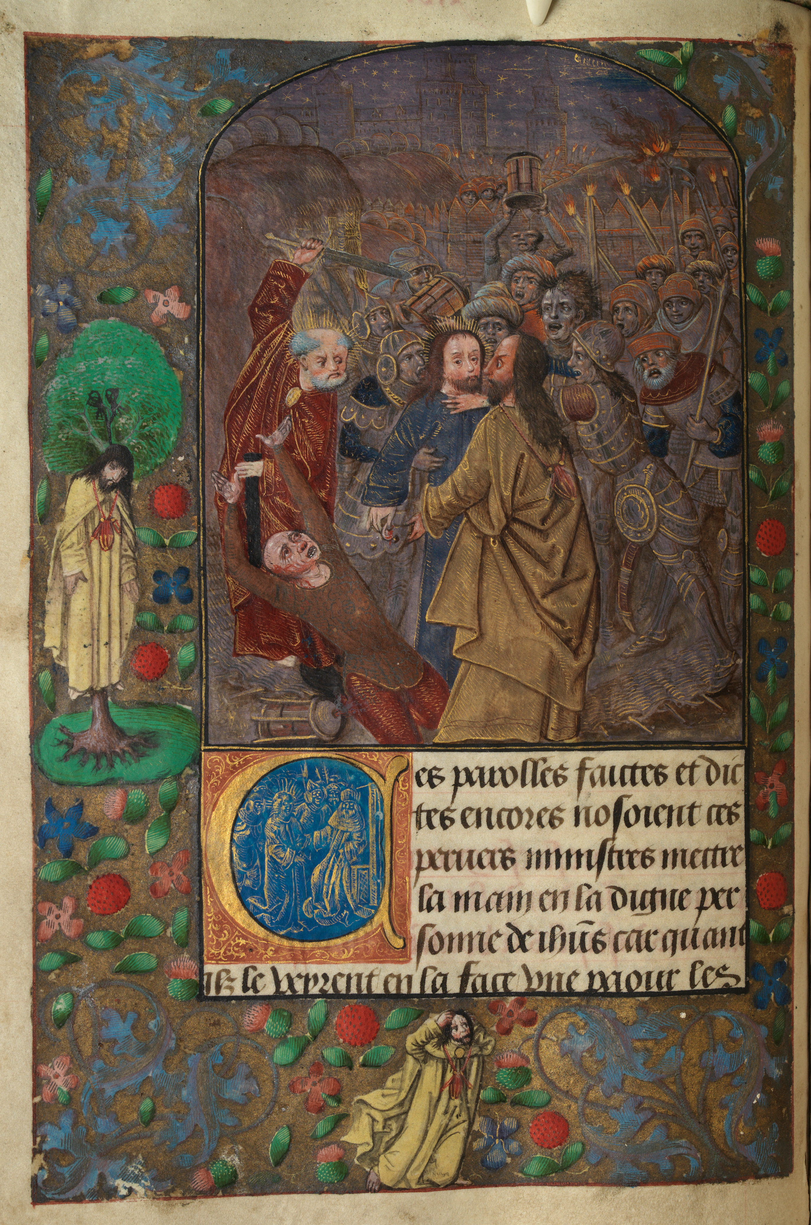 The Betrayal Peter raises his sword; Judas hangs himself (f. 45v)