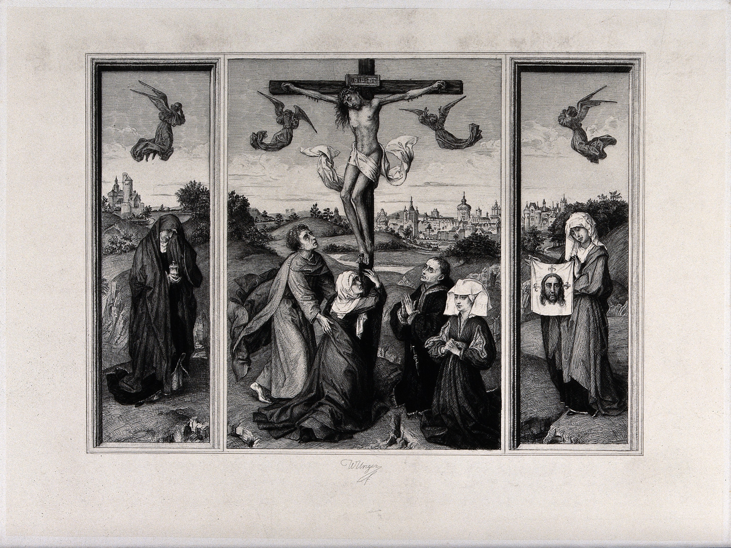 The crucifixion of Christ; the three Maries lament. Etching Wellcome V0034789
