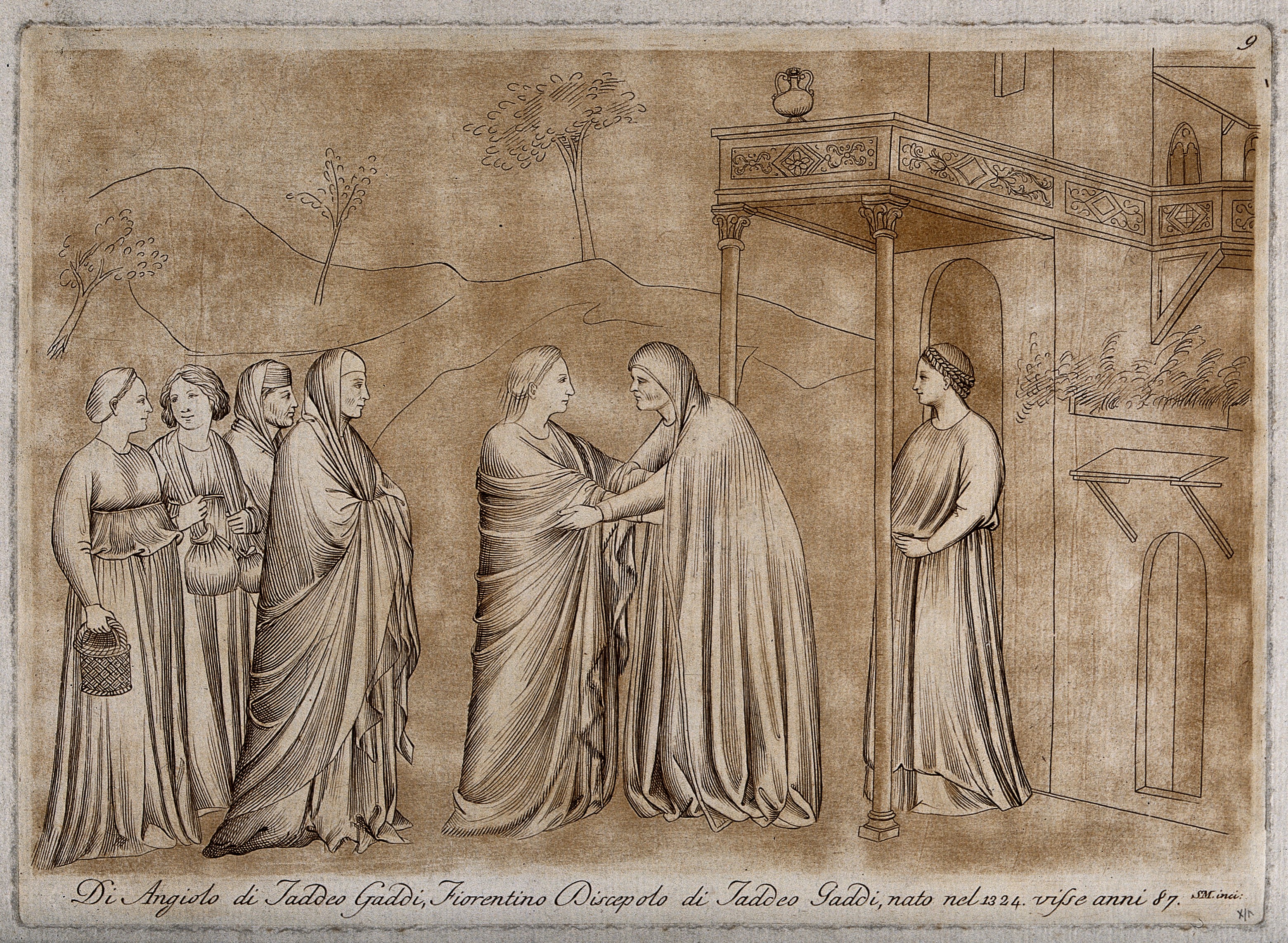 The Visitation of Mary to Elizabeth (?). Engraving by S. Mul Wellcome V0034491