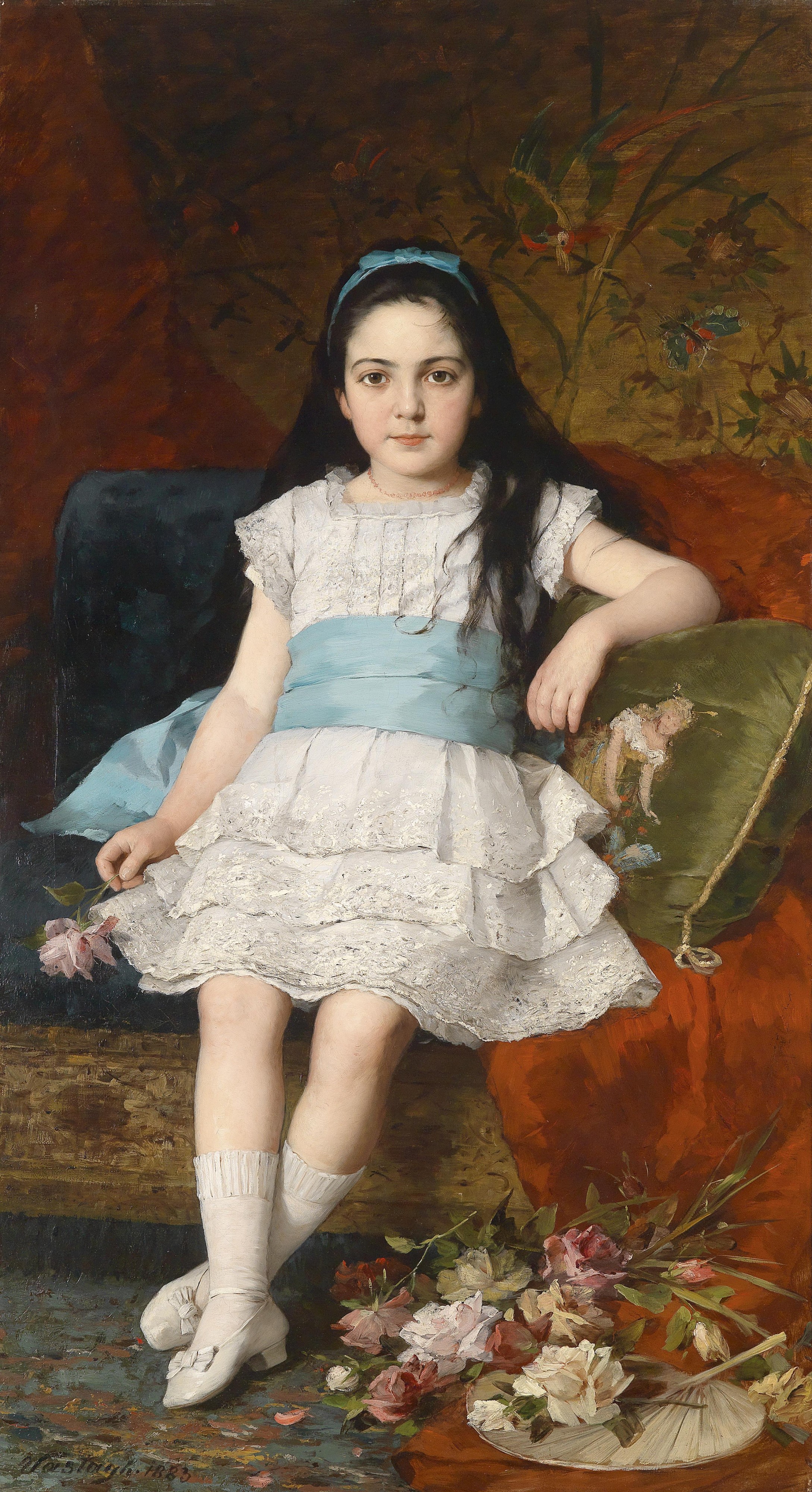 György Vastagh Mädchenbildnis in weißem Kleid mit blauer Schärpe 1883
