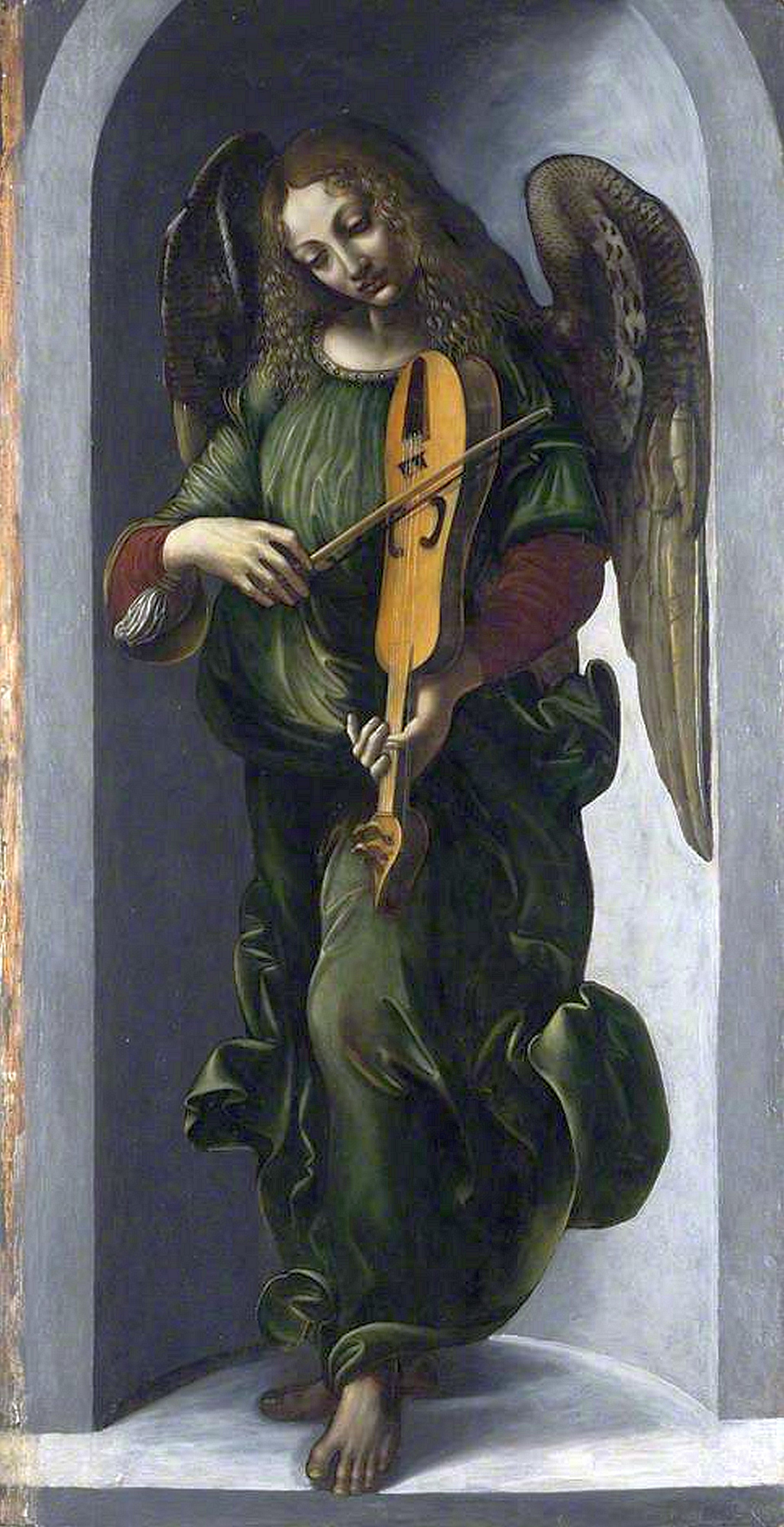 Predis, Giovanni Ambrogio de — Angel in green with a vielle, part of S. Francesco Altarpiece, Milan — 1490s