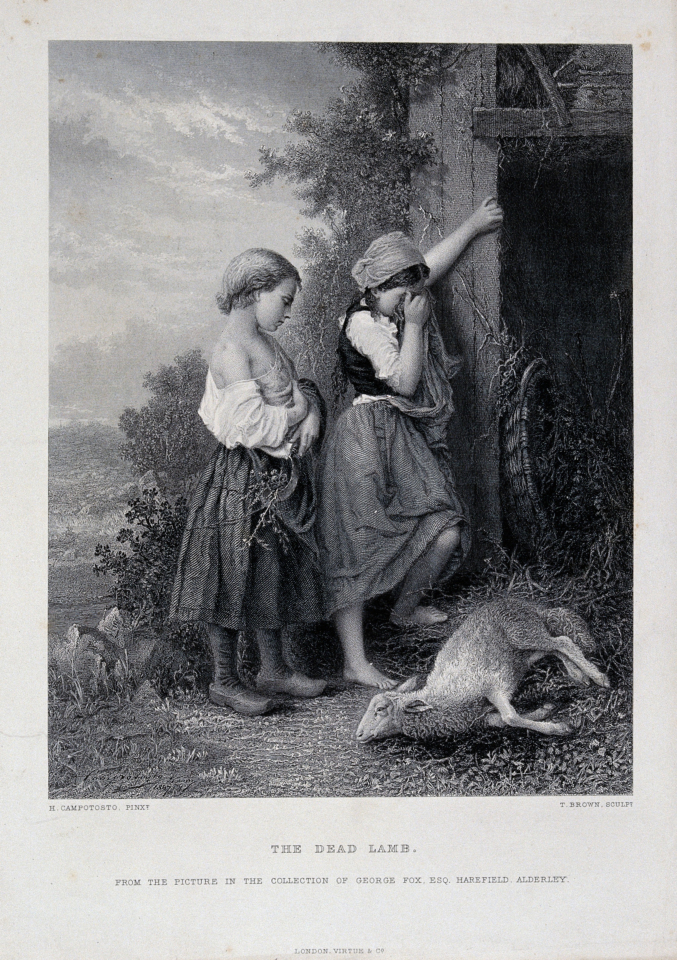 Two girls crying over a dead lamb. Etching with line engravi Wellcome V0022946