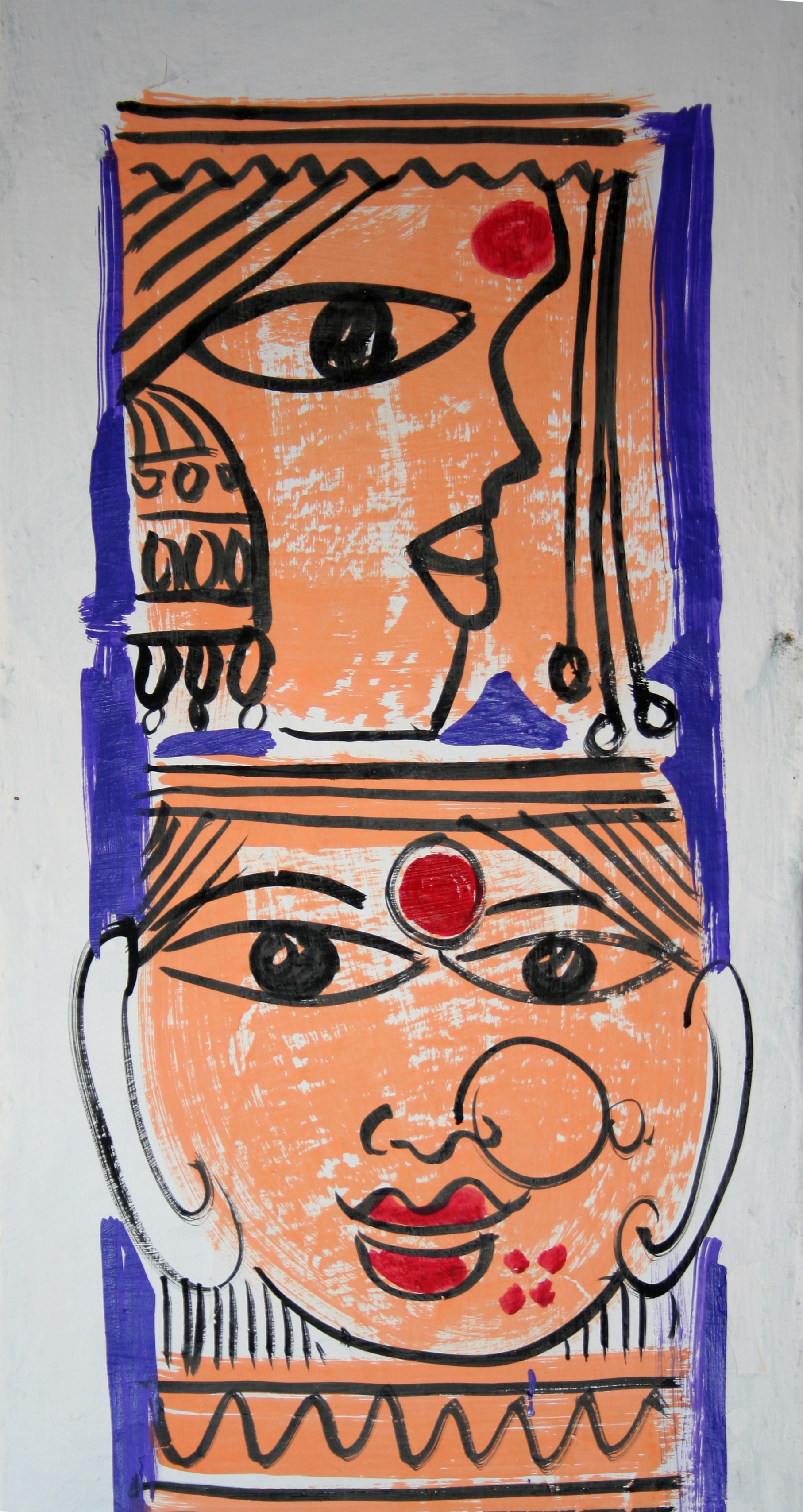 Women's heads, traditional wall painting by villagers, near Katni, M.P., India