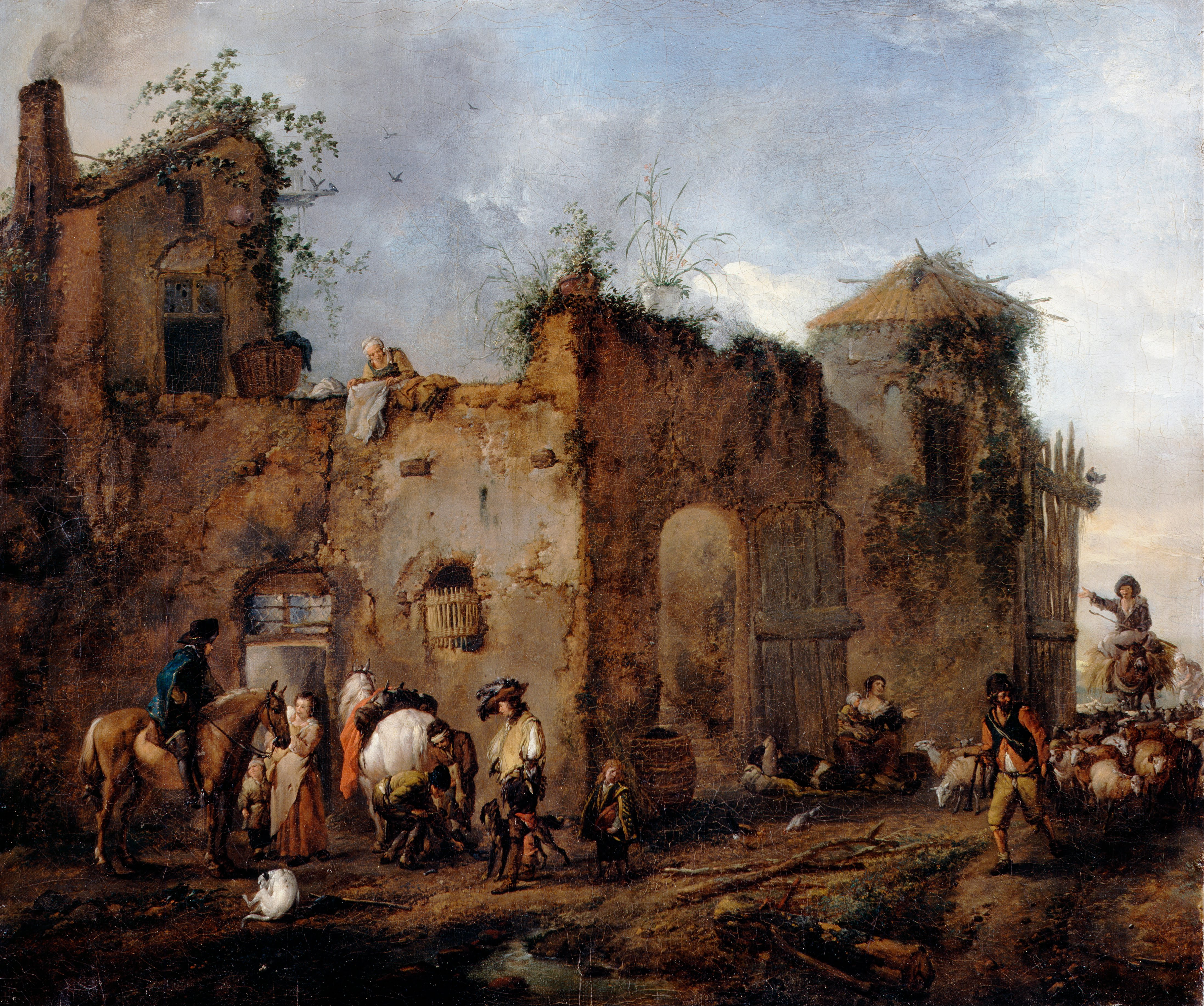Wouwerman, Philips - Courtyard with a Farrier shoeing a Horse - Google Art Project