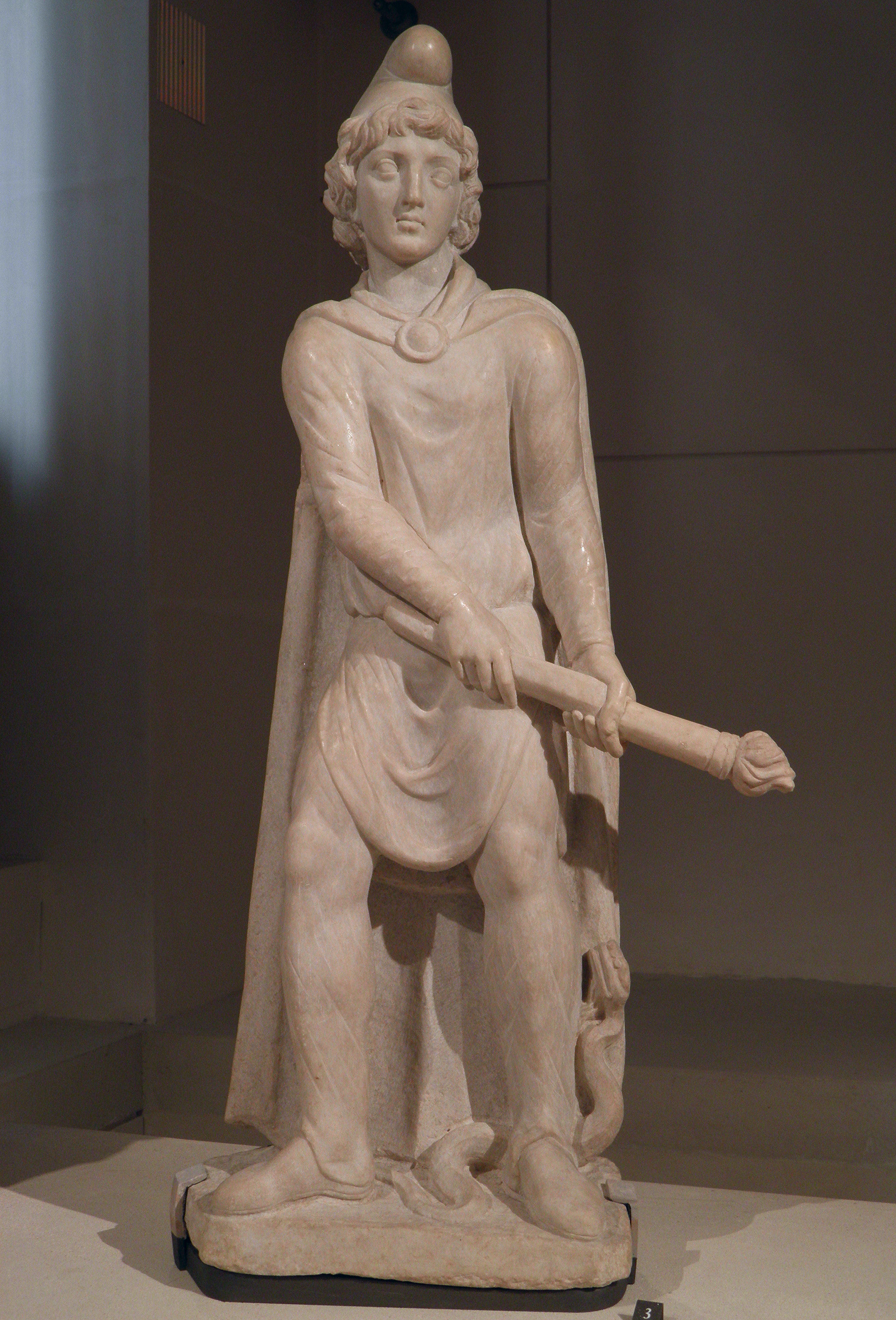 Marble statuette depicting Cautopates holding a burning torch pointed down (sunset), from the Mithraeum at Sidon (Colonia Aurelia Pia, Syria), Louvre Museum (9365067028)