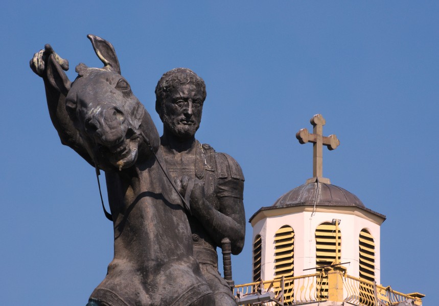 Close-up of Philip II of Macedon with Clock tower in background